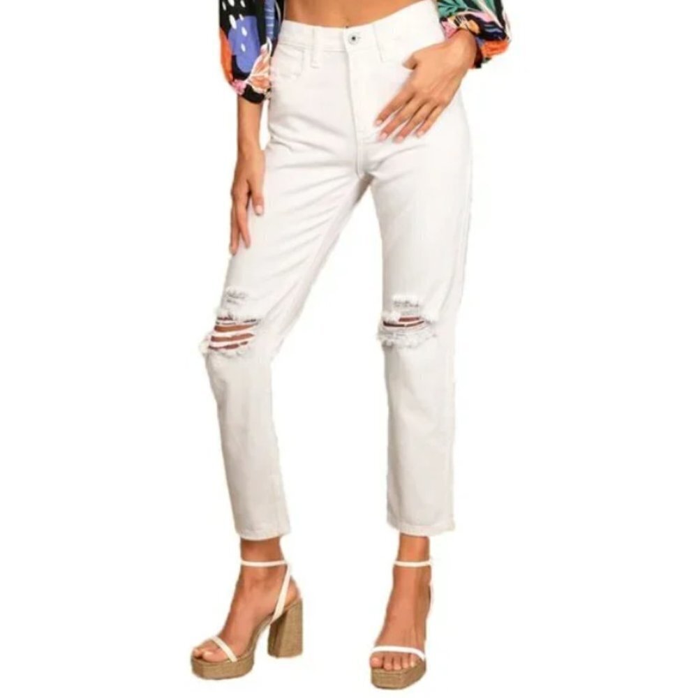 NWT AFRM Luisa White Denim Distressed High Rise Button Fly Ankle Jeans Size 30